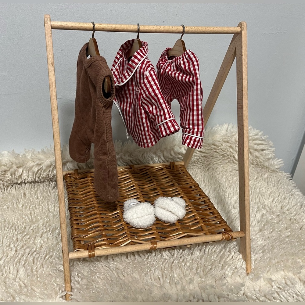 Minikane Wendy Wooden Doll Clothing Rack with Rattan Shelf and 10 Wooden Hangers